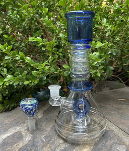 8" Thick Glass Beaker Rig w/Shower Perc - Blue Donut-in-the-Hole