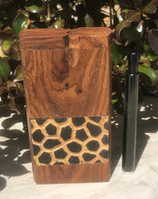 4" Natural Wood Stash Box in Leopard Design w/Black Metal Push Down Rod