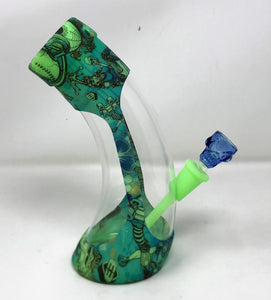 Silicone & Thick Glass 9" Horne Bong Glow in the Dark Design w/Blue Skull Bowl