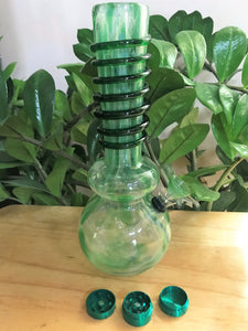 11" Best, Soft Glass Water Bong with Slide in Stem, 14mm Male Bowl & Mini Grinder - Rainforest