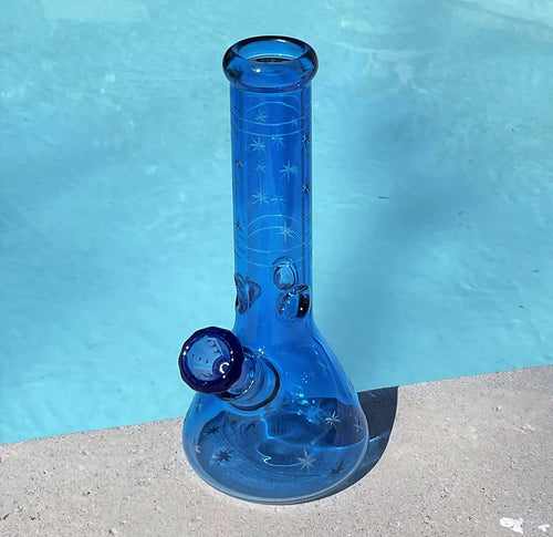 Beautiful Thick Heavy Blue Glass Best Beaker Bong w/Etched Stars