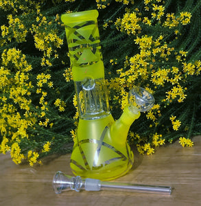 8" Beaker Bong with Dome Perc & 2 - Glass Slide in Stem w/Bowls - Daisy Yellow