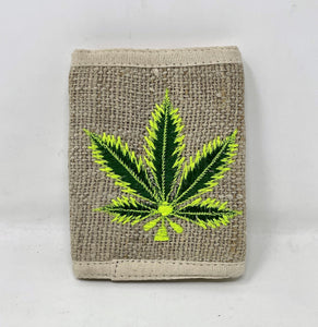 100% Pure Hemp Unisex Wallet Wallet w/Green & Lime Green Embroidered Leaf