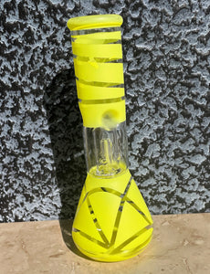 Yellow Design 8" Beaker Bong Dome Perc Glass Slide in Stem w/Bowl