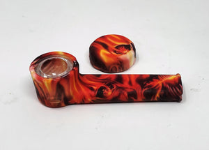 3.5" Silicone Hand Spoon Pipe Glass Bowl w/cap Fire Skull Design