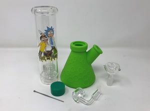 Green Silicone & Glass Beaker Bong Shower Perc Rick & Morty Design Quartz Banger