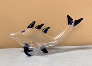 Collectible Handmade 6" Long Clear Thick Glass Fish Hand Pipe with Blue Fins