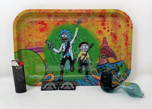 Large Rolling Tray in Metal includes Glass Pipe, Lighter & Screens