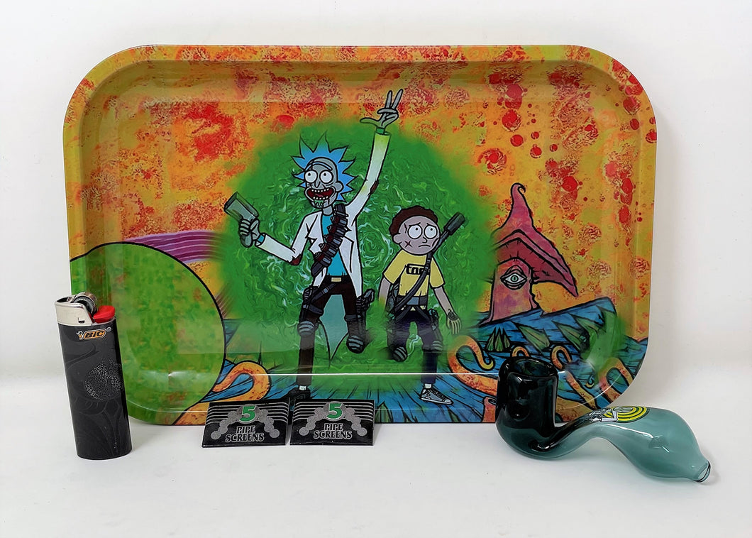 Large Rolling Tray in Metal includes Glass Pipe, Lighter & Screens
