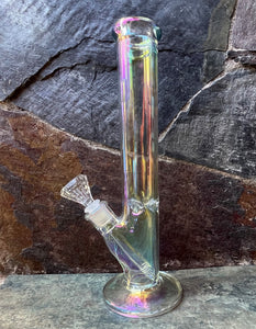 Iridescent & Thick Shimmering Glass 14" Straight Bong 14mm Funnel Large Bowl