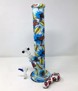 Spiderman Design 14" Straight Silicone Bong 2-14mm Bowls 4" Silicone Hand Pipe