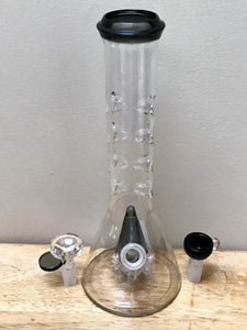 New! 10" Beaker Glass Rig Perc w/8 Ice Catchers & 2- 14mm Male Slide Bowls - Black Volcano