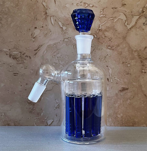 14mm Male Thick Glass Ash Catcher, 11 arm, Blue Tree Perc w/14mm Male Herb Bowl