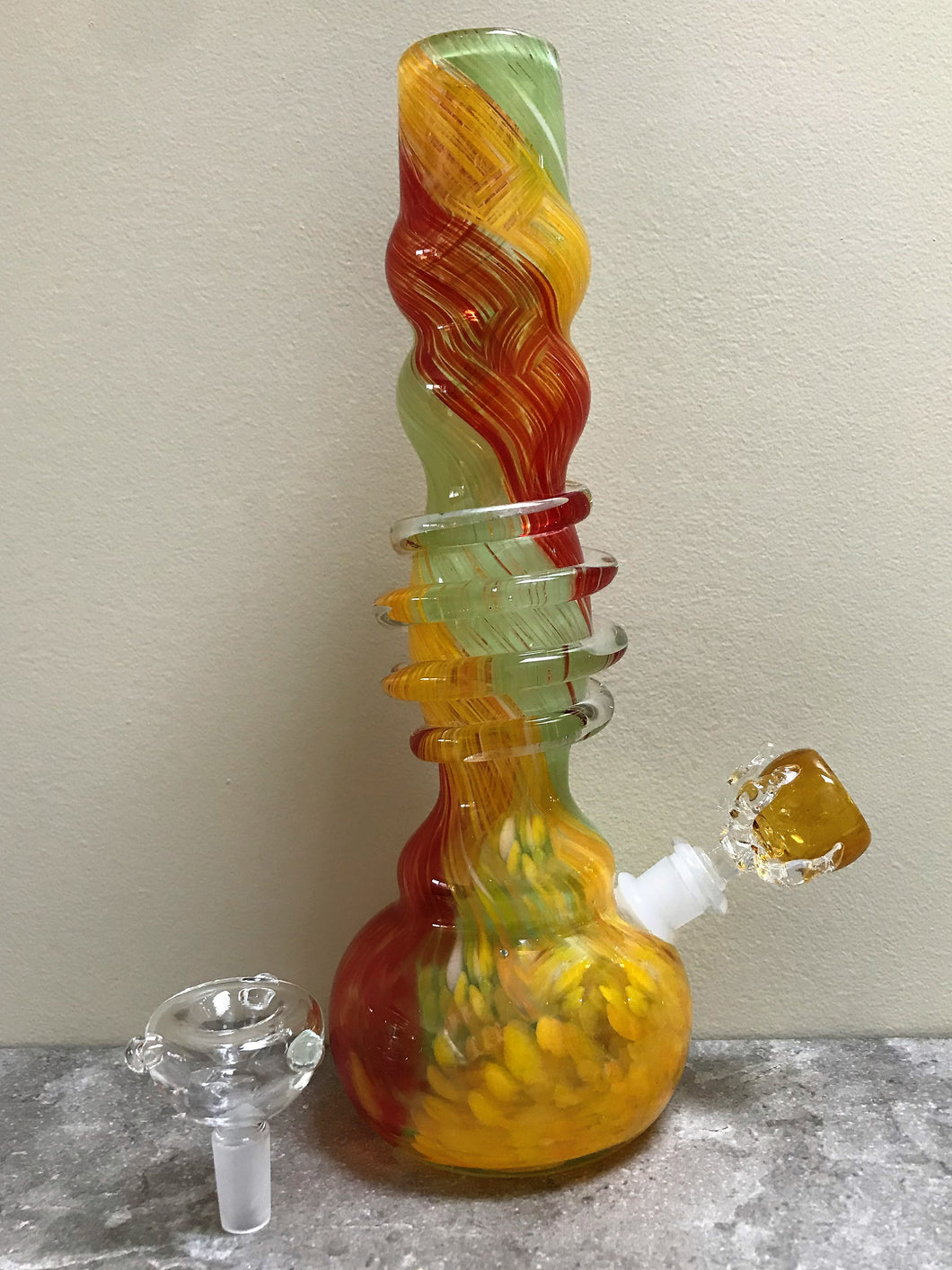Thick 12” Soft Glass Bong with Claw Herb Bowl Slider - Multi Yellow Swirl