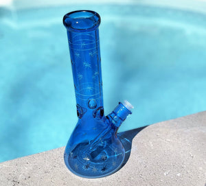 Beautiful Thick Heavy Blue Glass Best Beaker Bong w/Etched Stars