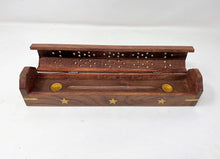 Handcrafted Wooden Coffin Incense Burner with Inlay Brass Stars & Cut Out Designs