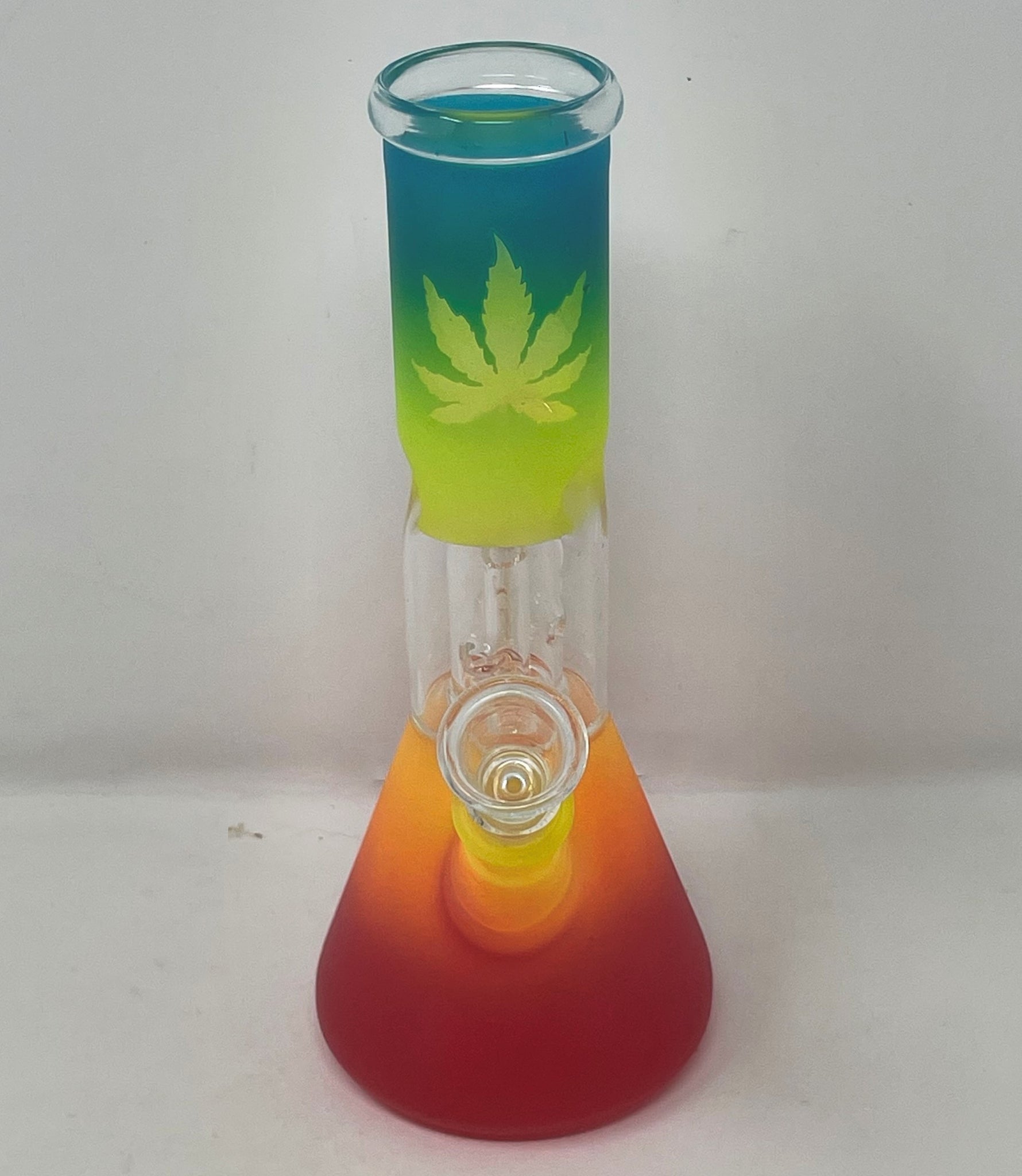 Colorful 8 Glass Beaker Bong featuring Marijuana Leaf Design & Downst