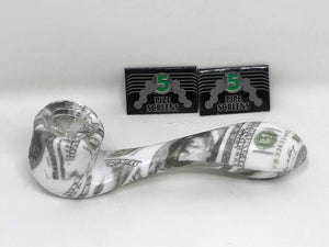 5.5" Silicone Sherlock Hand Pipe w/glass Bowl Paper Money Design +2 Pack of Metal Screens