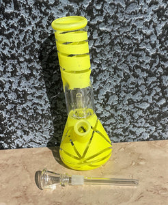 Yellow Design 8" Beaker Bong Dome Perc Glass Slide in Stem w/Bowl