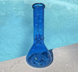 Beautiful Thick Heavy Blue Glass Best Beaker Bong w/Etched Stars