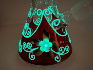Collectible 8.5" Thick Glass Beaker Bong Red w/Flower & Glow in the Dark Design