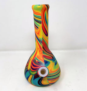 Thick Silicone Detachable Beaker 9" Bong in Rainbow Swirl Design & Quartz Banger