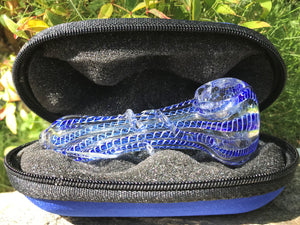 Best 3.5" Glass Hand Pipe Blue Swirl Glass Swirl on Handle Zipper Padded Pouch - Volo Smoke and Vape