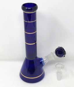 10"Glass Beaker Bong w/Ring Design & 2 - 14mm Bowls - Sapphire & Gold