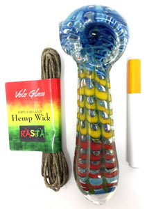 THICK Handmade Glass Tobacco Hand Rig 5"-6" Tri Color+ Organic Hemp Wick - Volo Smoke and Vape