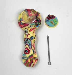 Beautiful Floral Thick Silicone 4" Hand Pipe Glass Bowl w/Dab Tool & Compartment