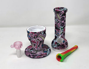8" Thick Silicone Detachable Unbreakable Skull Bong w/Floral Graphics