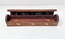 Handcrafted Wooden Coffin Incense Burner - Elephant Inlay & Cut Out Designs