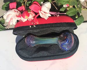 3.5"  Fumed Glass Spoon Pipe with Zipper Padded Case - Cherry Red