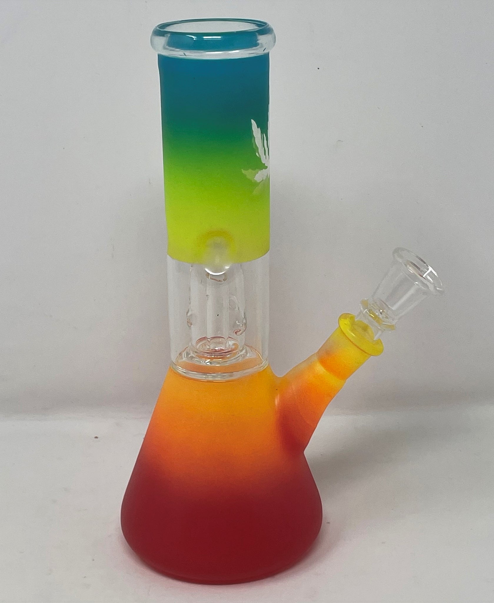 Colorful 8 Glass Beaker Bong featuring Marijuana Leaf Design & Downst