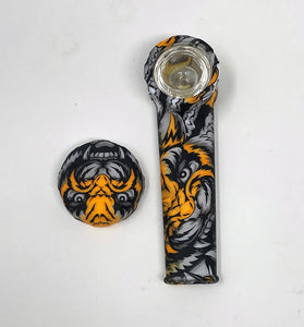 3.5" Silicone Hand Spoon Pipe w/Glass Bowl & Cap - Tiger Design