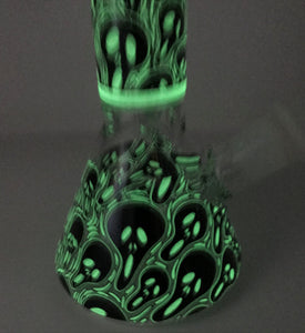 8" Thick Glass Beaker Bong Black Skull Design Glow in the Dark - Scary Faces II