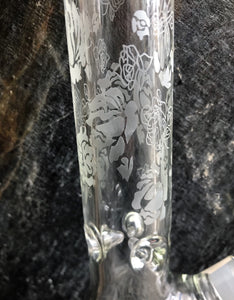 16" Glass House - Thick Heavy Glass Beaker Bong w/Etched Roses Design & Diamond Shaped Bowl