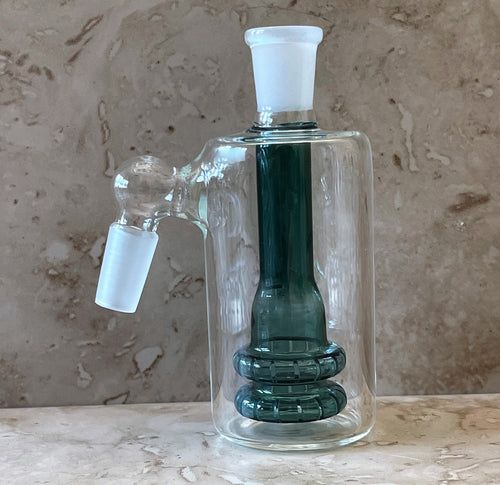 90 Degree 14mm Male Thick Glass Ash Catcher, Double Shower Perc