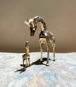 Collectible Handmade Brass Mama & Baby Giraffe Pair