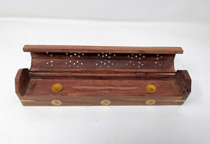 OM Brass Inlay Design - Wooden Coffin Incense Burner for Incense Sticks and Cones