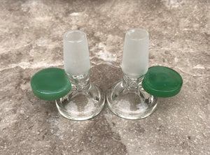 Thick Clear Glass 14mm Male Herb Slide Bowl with Jade Disc Handle (2 Pack)