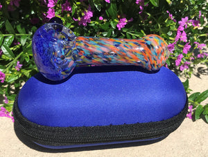 3" Thick Glass Blue Bowl & Splatter Colors Spoon Hand Pipe with Zipper Padded Case(Royal Blue)