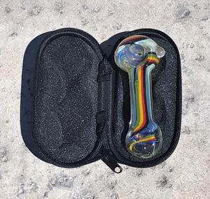 4" Thick Fumed Glass Spoon Hand Pipe w/Zipper Padded Hard Case - Rasta Swirl