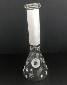 Beautiful 10" Thick Glass Beaker Bong Etched Design Glow in the Dark Leaf's
