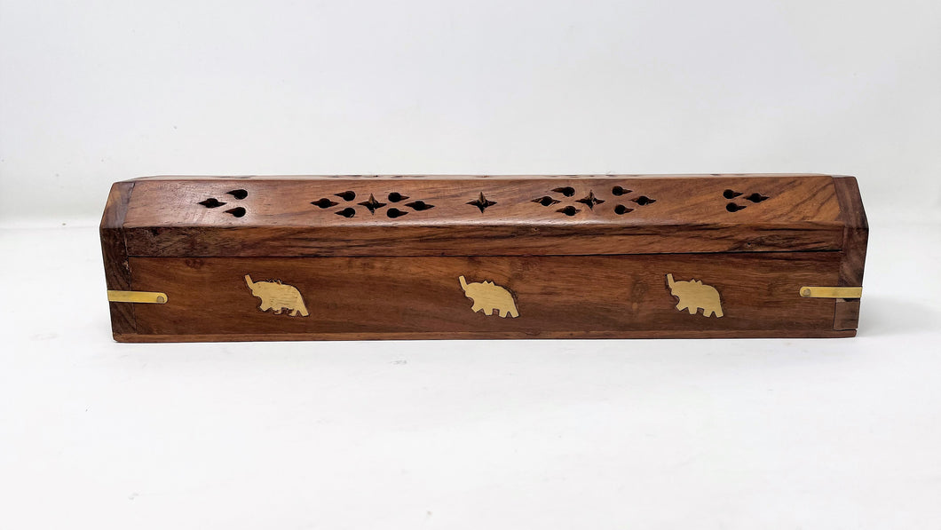 Handcrafted Wooden Coffin Incense Burner - Elephant Inlay & Cut Out Designs