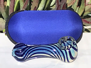 4" Thick Fumed Glass Best Hand Spoon Pipe w/Bowl & Zipper Padded Hard Case - Dark n' Light Blues Swirl