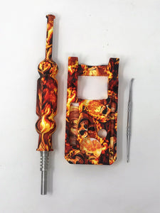 New! Silicone Nectar Kit w/Honey Straw Dab Tool Titanium nail Fire Skull Design