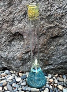 Thick Fumed Glass Beaker 18" Bong 14mm Diamond Bowl + Extra bowl - Aquamarina