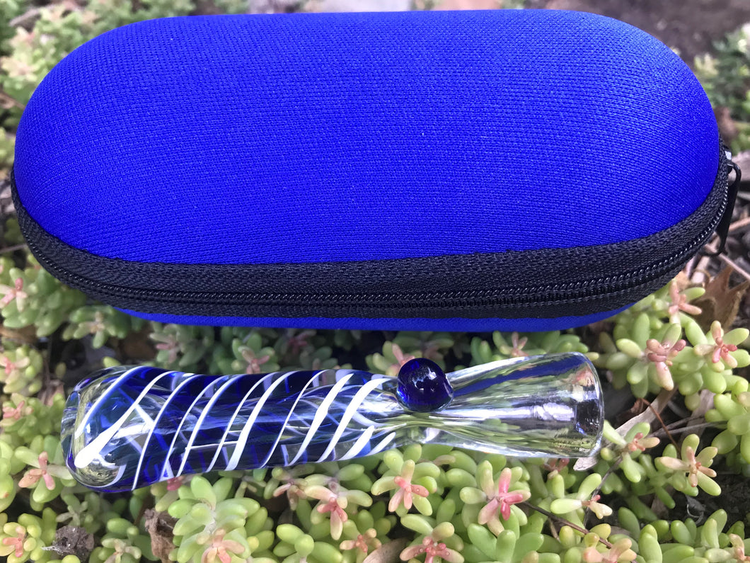 One Hitter Pipe glass hand pipe cigarette w/Zipper Padded Pouch-Blue - Volo Smoke and Vape