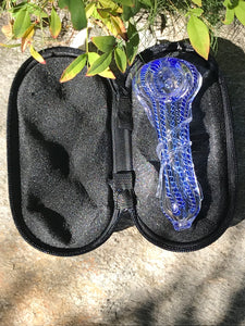 Best 3.5" Glass Hand Pipe Blue Swirl Glass Swirl on Handle Zipper Padded Pouch - Volo Smoke and Vape